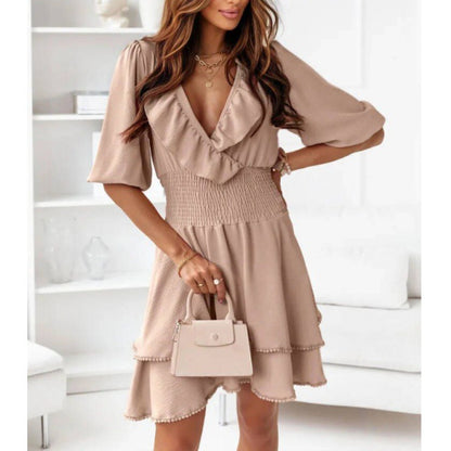 Short-Sleeve V-Neck Nipped Waist Ruffled Dress Wholesale Dresses