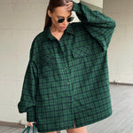 Retro Green Plaid Oversize Loose Long-Sleeve Shirts Wholesale Womens Tops