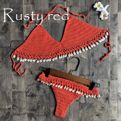 Cotton Woven Hand Crochet Sexy Womens Bikini Shell Split Swimsuit Wholesale Womens Swimwear