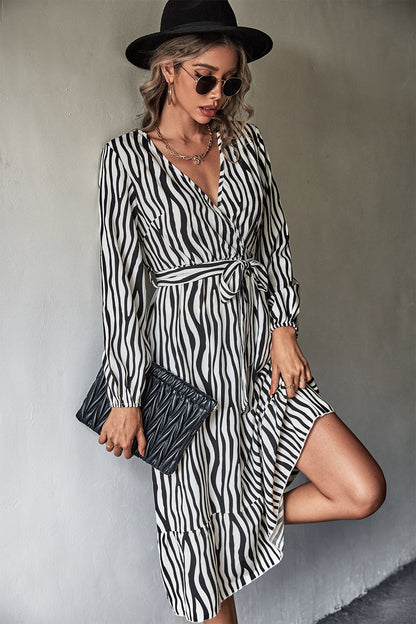 Irregular Stripe Print Tie-Up Long Sleeve A-Line Dress Wholesale Dresses