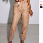 Mid-Waist Pocket Solid Color Leather Trousers Wholesale Women Pants