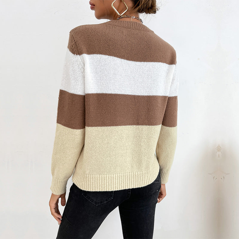 Casual Color Block Long Sleeve Crew Neck Sweater Wholesale Women Top