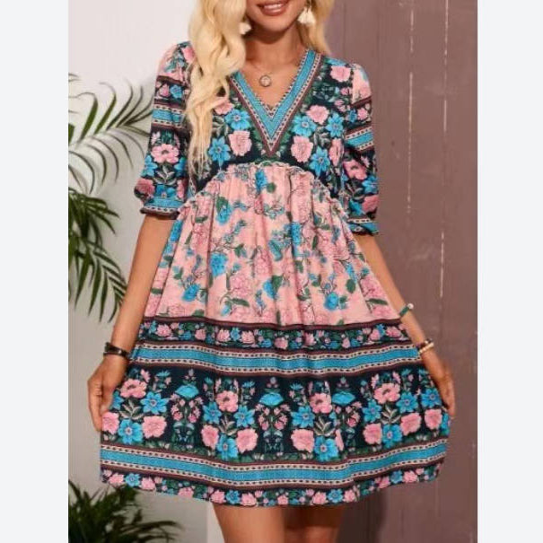 Printed V Neck Puff Sleeve Boho Dress Wholesale Bohemian Dress For Women