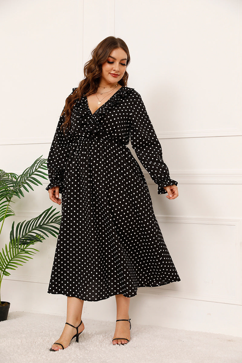 Polka Dot Print Puff Sleeve Bowknot Wholesale Plus Size Dresses