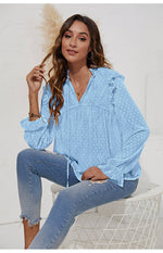 Jacquard Long Sleeve V Neck Lace Up Wholesale Blouses For Women Summer