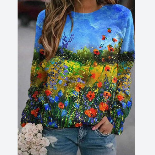 Fashion Print Tops Crew Neck Loose Wholesale Womens Long Sleeve T Shirts