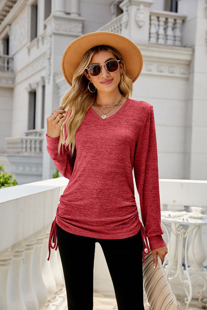 Solid Color Long Sleeve V-Neck Loose T-Shirt Wholesale Womens Tops