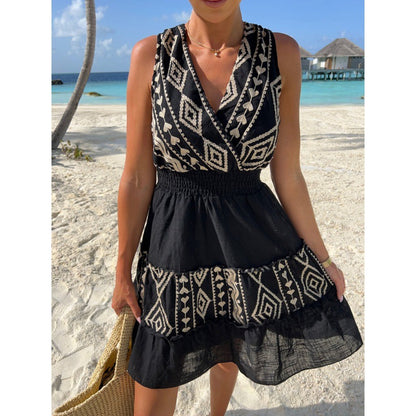 Ethnic Embroidered Print Sexy Open Back Tank Dress Wholesale Dresses