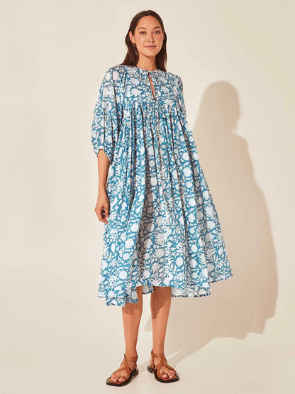 Puff Sleeve Loose Mid-Sleeve Floral Dress Wholesale Dresses