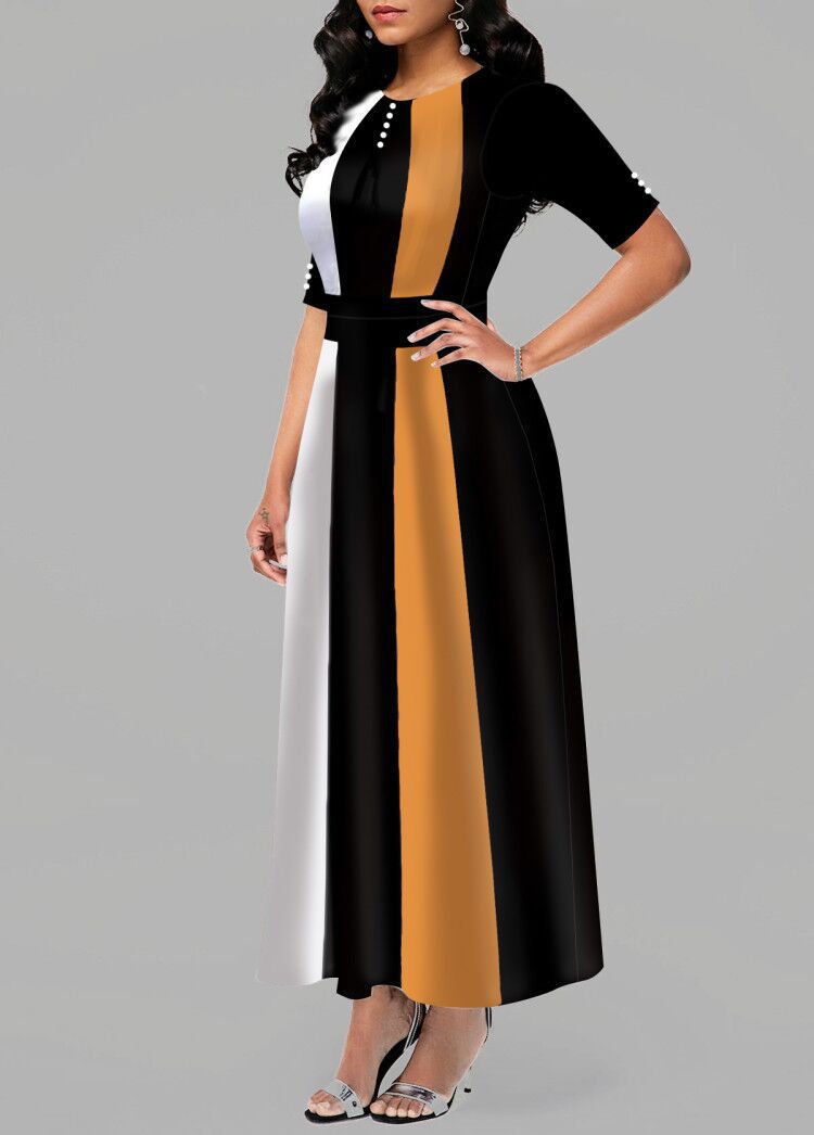 Fashion Colorblock High Waist Slim Swing Dress Wholesale Maxi Dresses