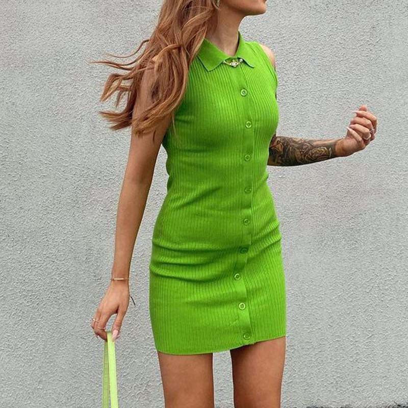 Fashion Sleeveless Lapel Shirtdress Single-Breasted Knit Bodycon Dress Sexy Wholesale Jersey Dresses