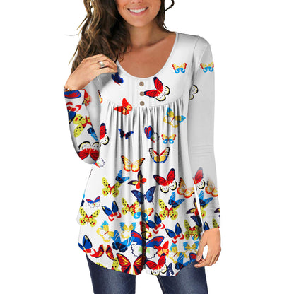 Fashion Casual Printed Tops Loose Crew Neck Long Sleeve Womens T Shirts Wholesale