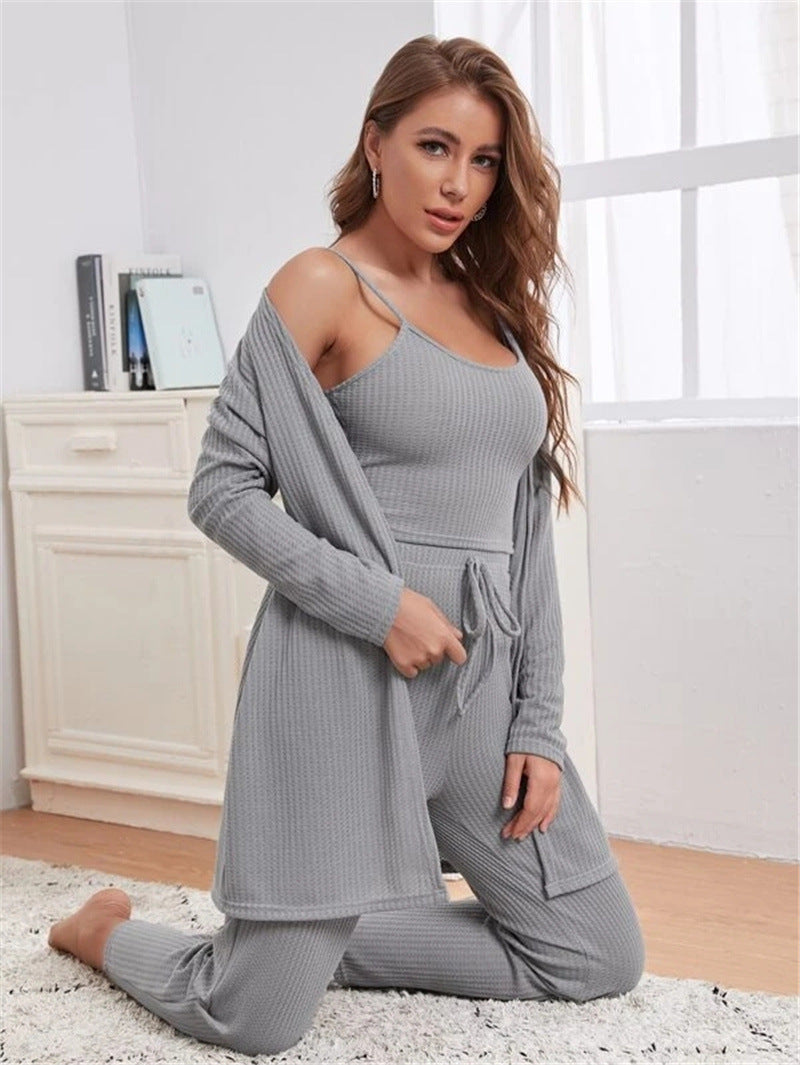 Soft Waffle-Knit Sling Tops & Trousers Pajama 3pcs Sets Women'S Loungewear Wholesale Vendors