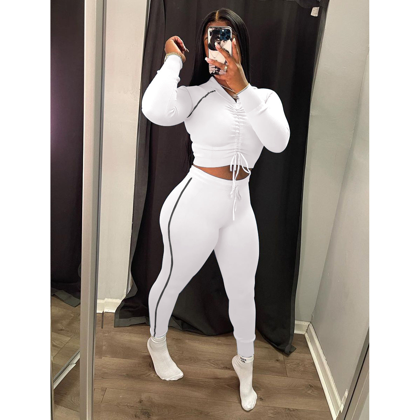 Shirred Hooded Drawstring Long-Sleeve Tops & Leggings Yoga Suits Wholesale Activewear Sets SON561706