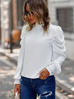 Casual Turtleneck Puff Long Sleeve T Shirts Lace-Up Solid Color Women Wholesale Blouses
