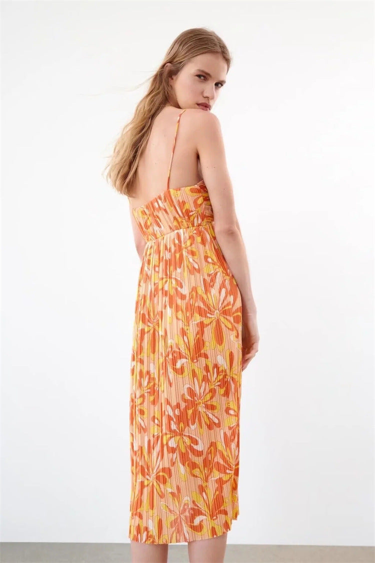 Loose Printed Open-Back Tie-Up Pleated Slip Dress Wholesale Dresses