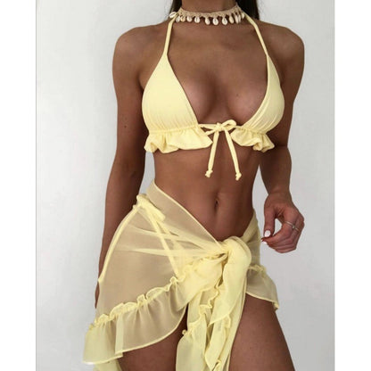 Sexy Mesh 3pcs Top & Underwear & Skirts Women Swimsuit Bikini Sets Swimwear Wholesale Vendors