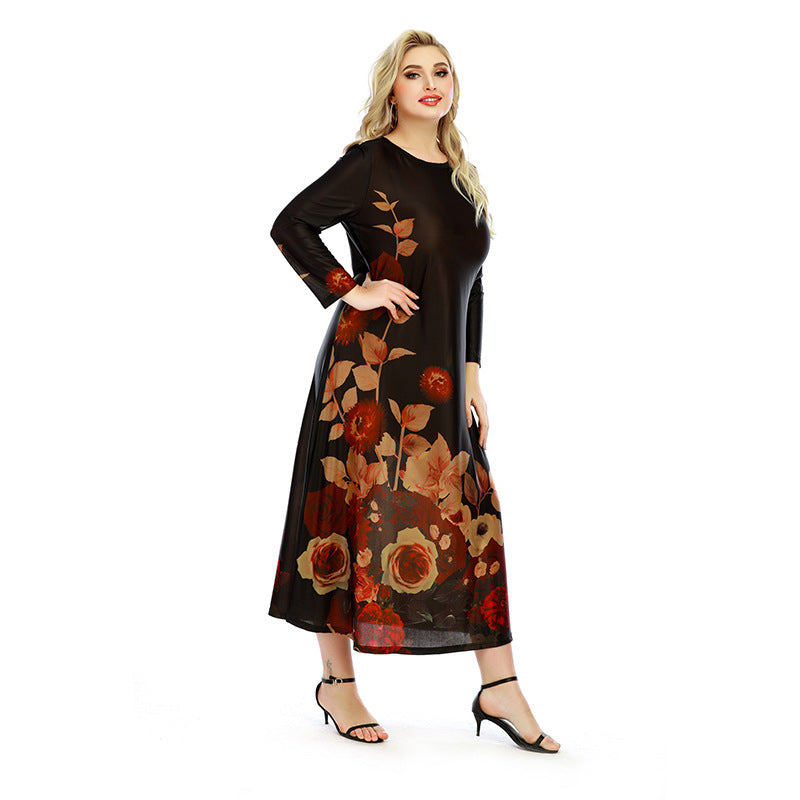 Round Neck Printed Curvy Dresses Wholesale Plus Size Clothing