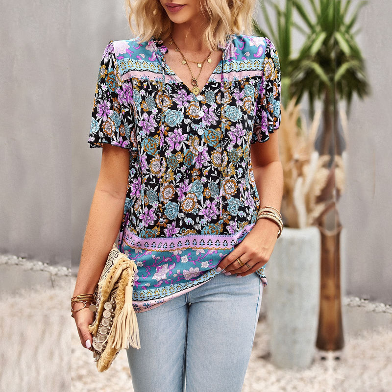 Casual Elegant Printed Flare Short Sleeve T-Shirts Wholesale Womens Tops