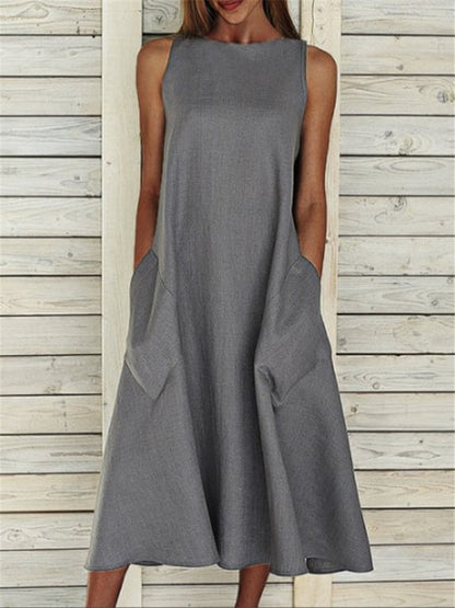 Solid Color Cotton & Linen Sleeveless Midi A-Line Tank Dress With Pocket Casual Wholesale Dresses SD531306