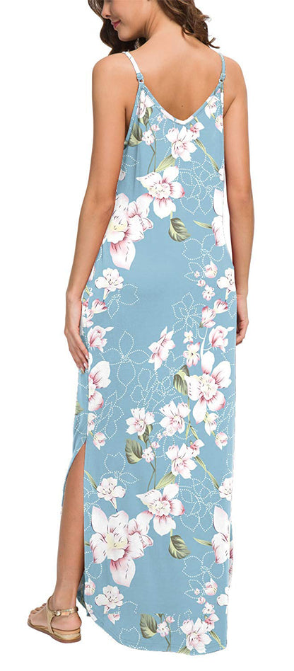 Sexy V-Neck Split Print Cami Dress Backless Maxi Wholesale Dresses