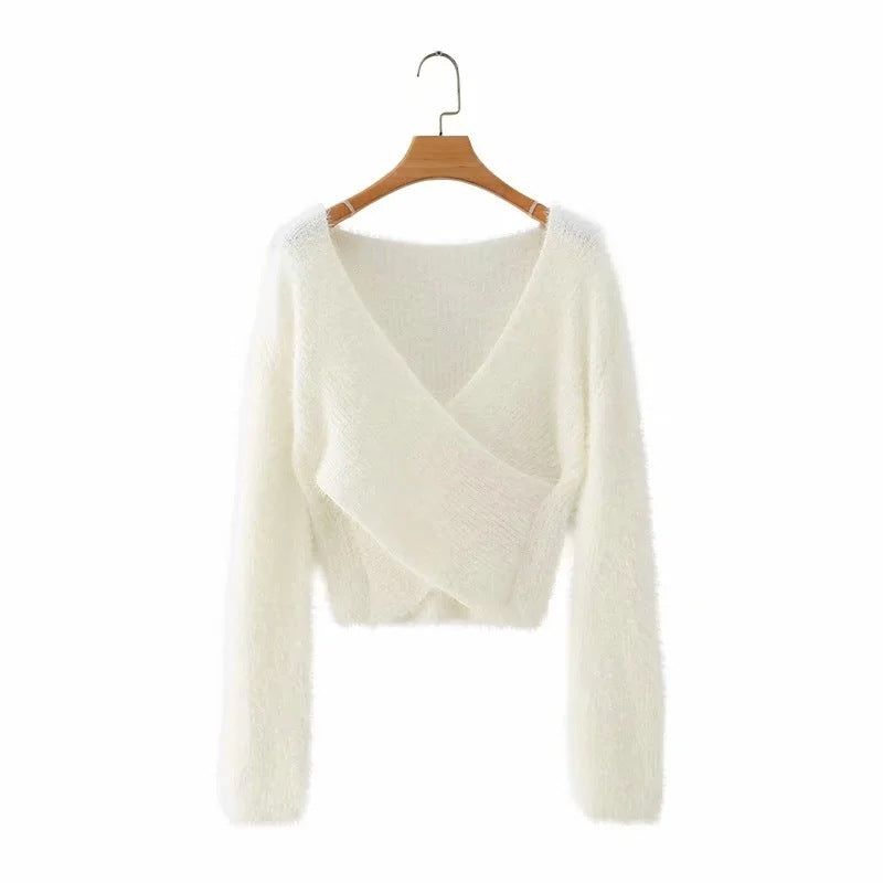 Fashion Solid Color Crossover Design V-Neck Sexy Womens Navel Cropped Tops Long Sleeve Knit Wholesale Sweater