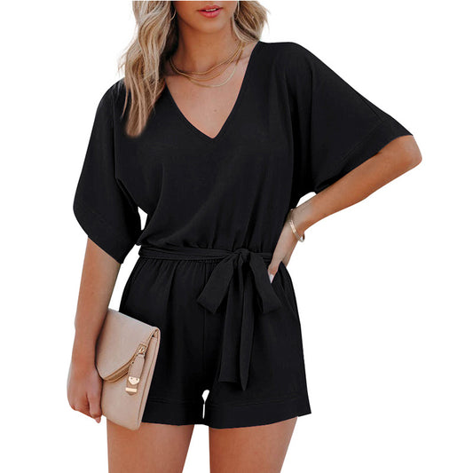 Short Sleeve V Neck Tie Waist Wholesale Rompers Jumpsuits For Women