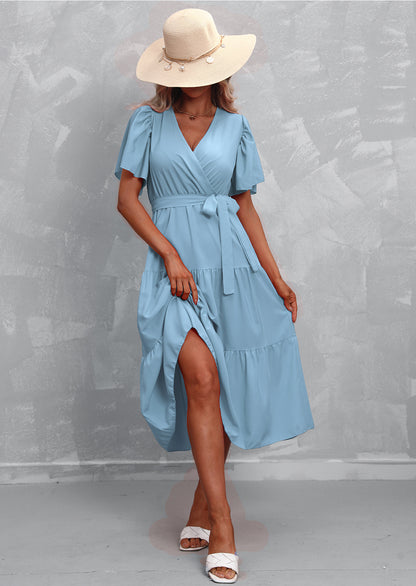 V-Neck Short Sleeve Solid Color Mid-Length Smocked Dress Casual Wholesale Dresses