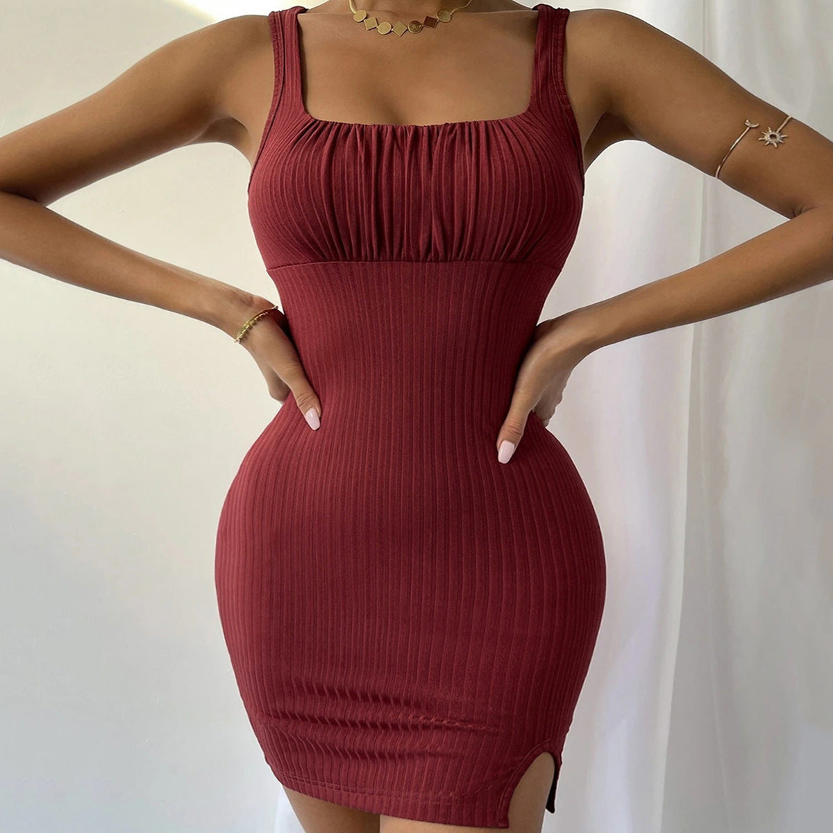 Sexy Slit Slim Fit Knit Bag Hip Bodycon Dress Wholesale Dresses