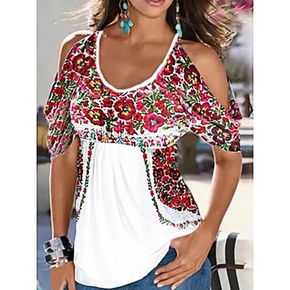 Summer Sexy Print Tops Loose Short Sleeve Women Wholesale Off Shoulder T Shirts