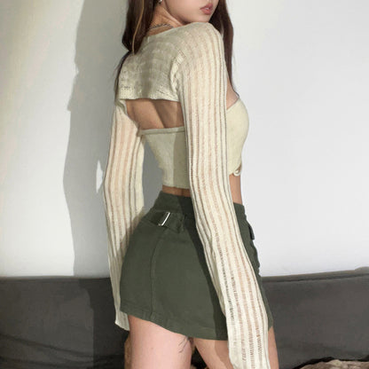 Sexy Long-Sleeve Hollow Slim Fit Navel Knit Tube Top Wholesale Crop Tops