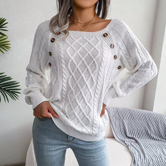 Long-Sleeve Relaxed Square-Neck Button Braid-Knit Pullover Sweater Wholesale Women Top