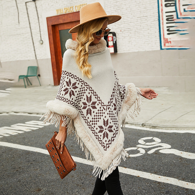 Fashion Fringed Geometry Shawl Long Loose Crew Neck Knitted Wholesale Cape Sweater