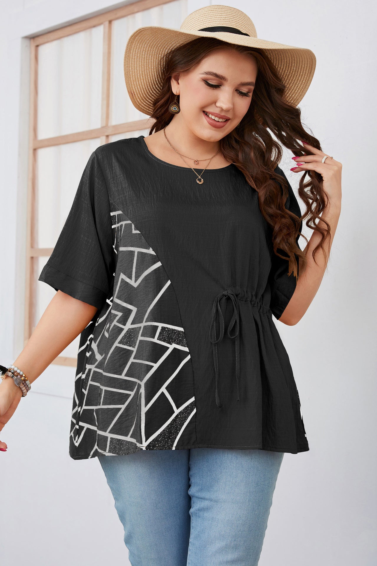 Geometric Print Short Sleeve Round Neck Wholesale Plus Size Tops