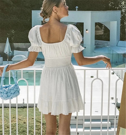 White Puff Sleeve Plunge Neck Waist A-Line Hollow Cotton & Linen Ruffled Dress Resort Wholesale Dresses