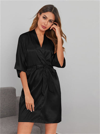 Solid Color Bathrobe Womens Satin Nightgown Casual Home Wear Wholesale Loungewear