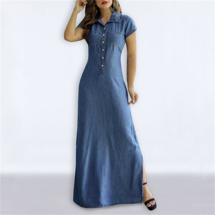 Lapel Short Sleeve Big Swing A-Line Slit Denim Shirtdress Casual Wholesale Maxi Dresses