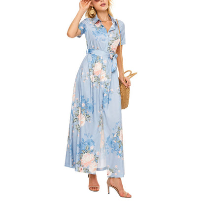 Lapel Short Sleeve Floral Print Lace-Up Shirtdress Wholesale Maxi Dresses