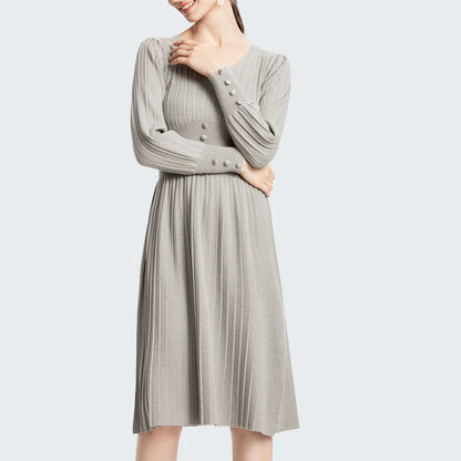 Solid Color V Neck Button Design Wholesale Jersey Dresses Mid Length Sweater Dress Elegant