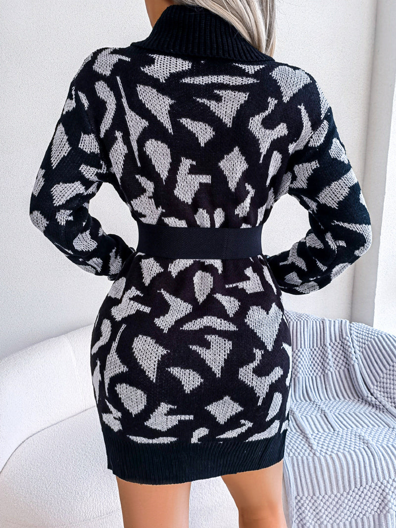 Casual Leopard Turtleneck Long Sleeves Knitted Dresses Wholesale Sweater Dress