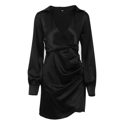 Sexy Satin Deep V Neck Dress Long Sleeve Solid Color A-Line Wholesale Dresses