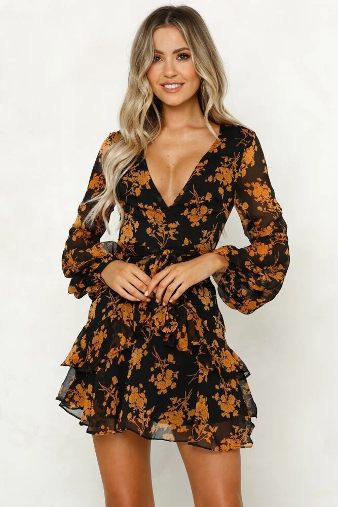 Fashion Floral Print Deep-V Ruffled Dress Wholesale Dresses