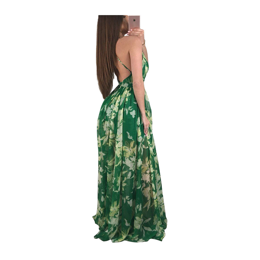 Fashion Print Deep V Neck Open Back Chiffon Beach Sling Wide Swing Dress Sexy Wholesale Maxi Dresses