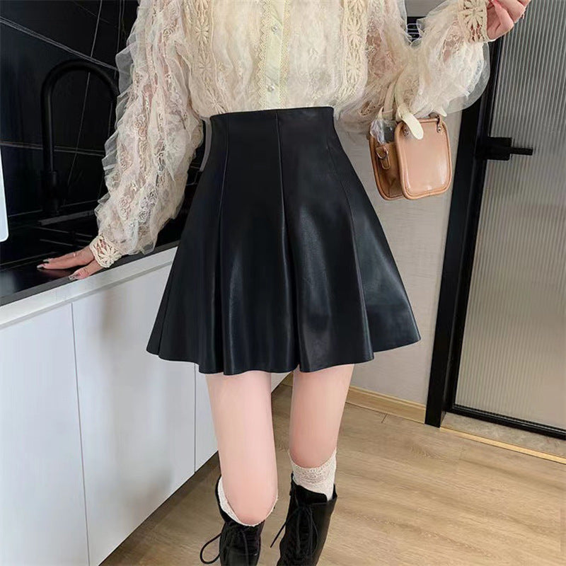 Versatile Solid Color PU Leather A-Line High Waist Pleated Skirt Wholesale Women Bottom