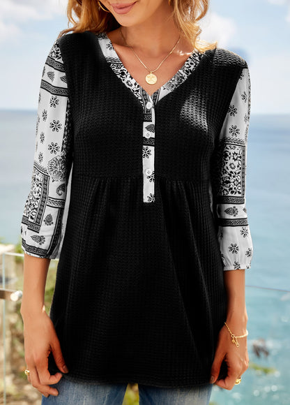 Ethnic Printed Half-Sleeve V-Neck Panel Loose Blouse Womens T Shirt Wholesale Tunics Tops