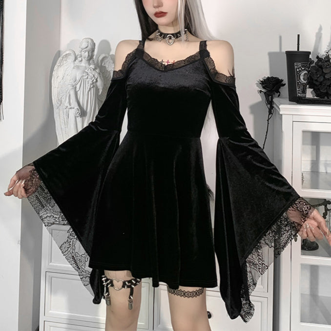 Dark Lace Off-The-Shoulder Trumpet-Sleeve Suspenders A-Swing Dress Wholesale Dresses