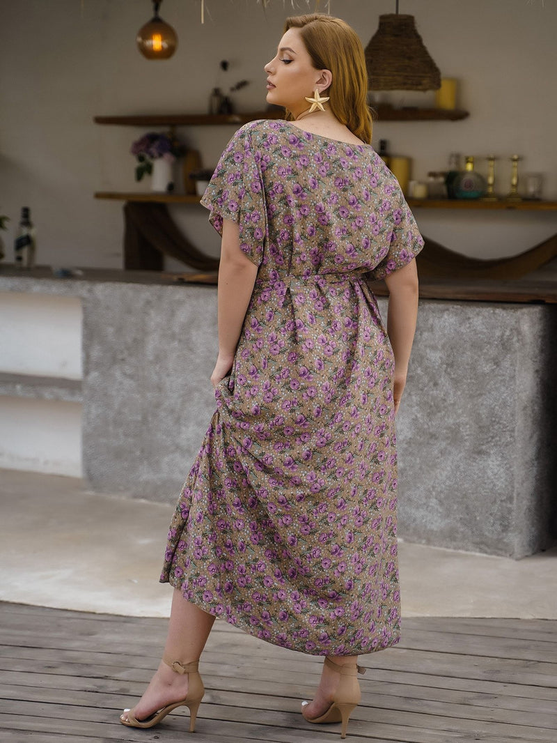 Casual Floral Midi Dress Lace-Up Short Sleeve Dresses Wholesale Plus Size Clothing