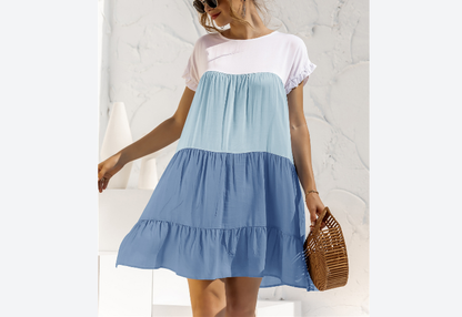 Round Neck Colorblock Ruffles Short Sleeve Loose Smocked Dresses Casual T Shirt Dress Wholesale