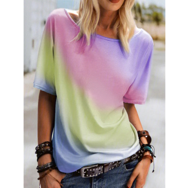 Round Neck Rainbow Gradient Print Short Sleeve Loose Womens Tops Casual Wholesale T Shirts