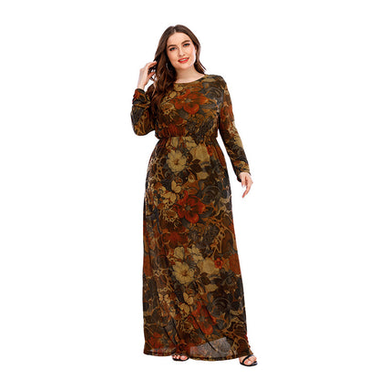 Floral Print Round Neck Retro Curvy Dresses Wholesale Plus Size Clothing